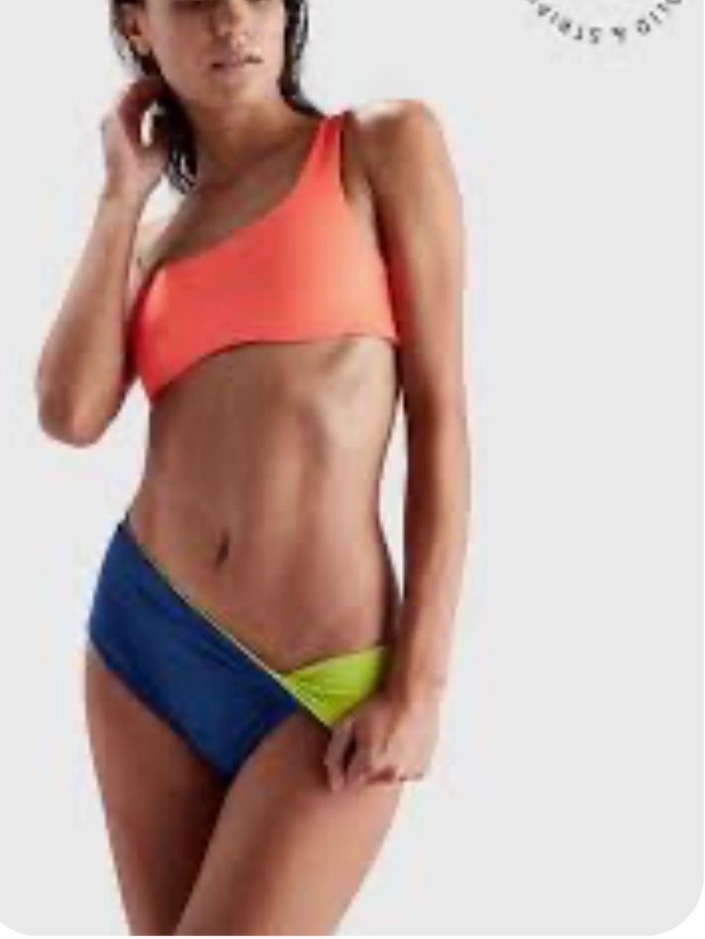 Solid & Striped Reversible One-Shoulder Bikini Set in Coral, Blue & Lime